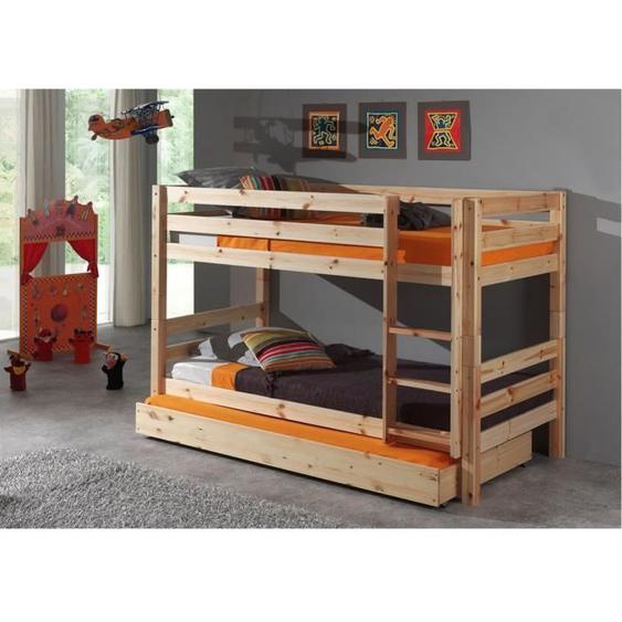 Lit Superposé en Pin Naturel - ALTOBUY - Sleepy - 90x200cm - 2 places - A lattes - Avec tiroirs