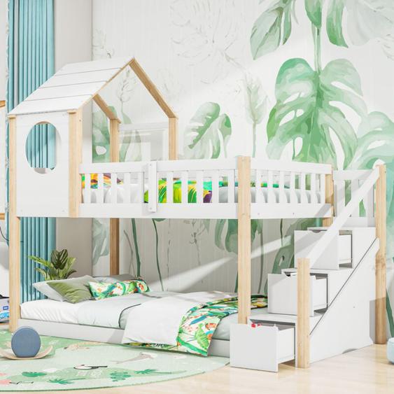 Lit superposé enfant 90 x 200 cm, lit cabane avec rangement escalier (3 tiroirs) forme maison, en bois, sans matelas, blanc+naturel