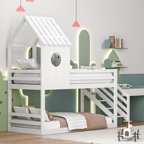 Lit superposé enfant 90 x 200,lit cabane 90 x 200 avec sommier à lattes,aescaliers,lit mezzanine 2 places,bois massif,blanc - Sunfecili