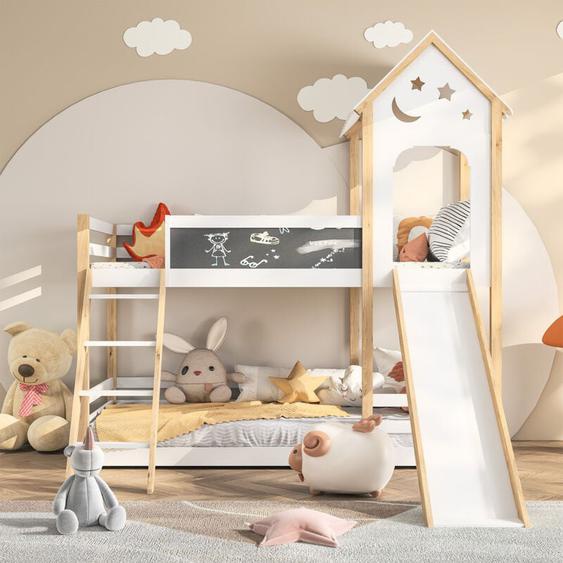 Pergar - Lit superposé enfant 90x200 cm,lit mezzanine 2 places,lit toboggan avec escalier,garde-corps et tableau noir,lit cabane,bois pin massif,