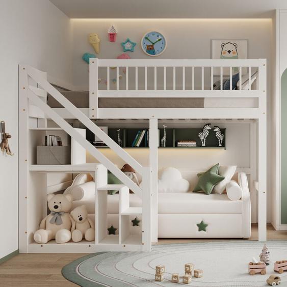 Lit superposé enfant 90x200, lit mezzanine 2 places,lit mezzanine escalier,avec placard de rangement,lit jeune, lit simple,bois massif,Blanc