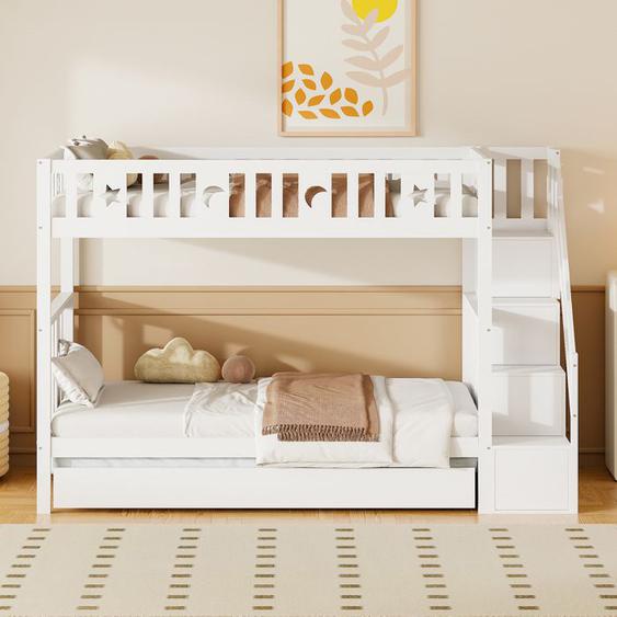 Lit superposé enfant avec escalier de sécurité, escalier de rangement,sommier à lattes,en bois massif,blanc, 90*200 cm-HAUSS SPOLE