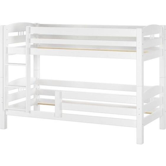 Lit superposé enfant en pin massif lasuré blanc avec de jolis détails 90x200 cm y compris barrière de protection