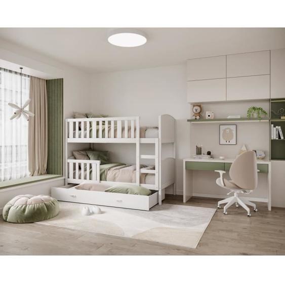 Lit superposé enfant - Tedy - Blanc - 2 Matelas - Tiroir - 90x190 cm