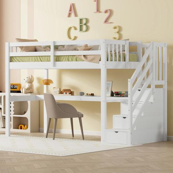 lit superposé et mezzanine enfant,Lit coffre-escalier avec tiroirs de rangement et étagères-blanc,pin,90x 200cm-HAUSS SPOLE
