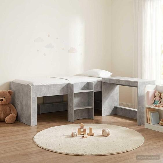 Lit superposé exclusif avec bureau pour enfants, 2 pièces, couleur gris béton