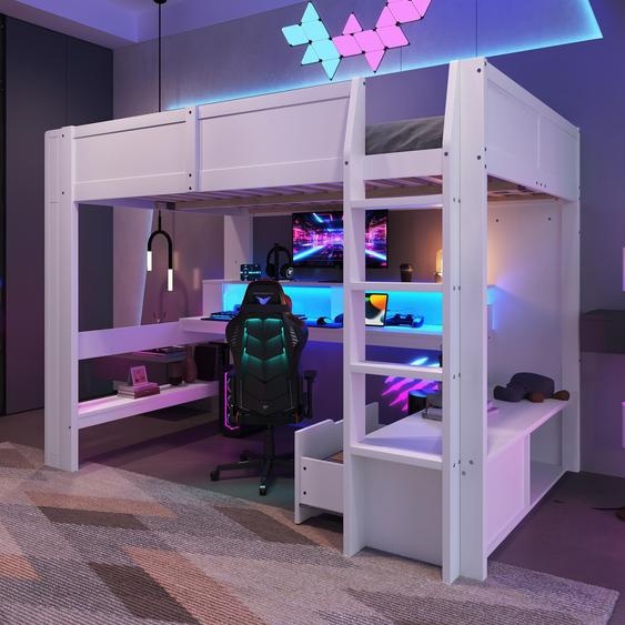 Lit superposé gaming 140x200 cm en bois de pin, avec bureau, éclairage LED, tiroir et étagères, de couleur blanche