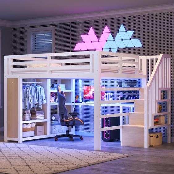 Lit superposé gaming 140x200 cm en métal avec bureau, éclairage LED contrôlable par application, ports USB, étagère ouverte, escalier avec rangement et barrière de sécurité continue, couleur blanche
