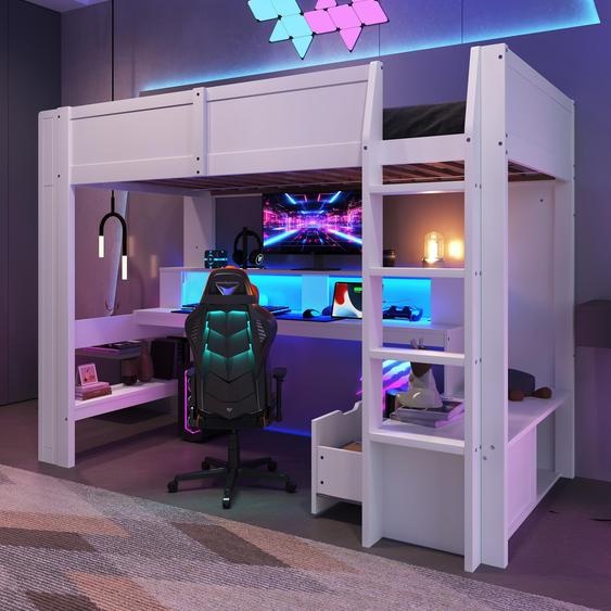Lit superposé gaming 90x200 cm en bois de pin, avec bureau, éclairage LED, tiroir et étagères, de couleur blanche