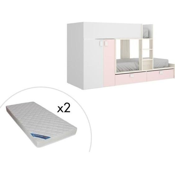 Lit superposé JUANITO avec armoire intégrée - 2 x 90 x 190 cm - Blanc, chêne et rose + matelas