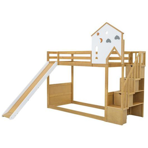 Lit superposé Lit cabane enfant 90 x 200 cm avec escalier, toit et fenêtre, toboggan, blanc et naturel