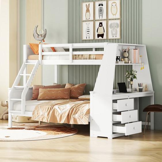 Lit superposé 90/140x200cm avec tiroirs et échelle Lit enfant avec bureau et étagères et espace rangement, barrières hautes, blanc