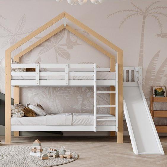 Lit superposé Lit enfant 90x200 cm avec toboggan et échelle ,Lit maison avec barriere , cadre de lit en bois massif, blanc+naturel