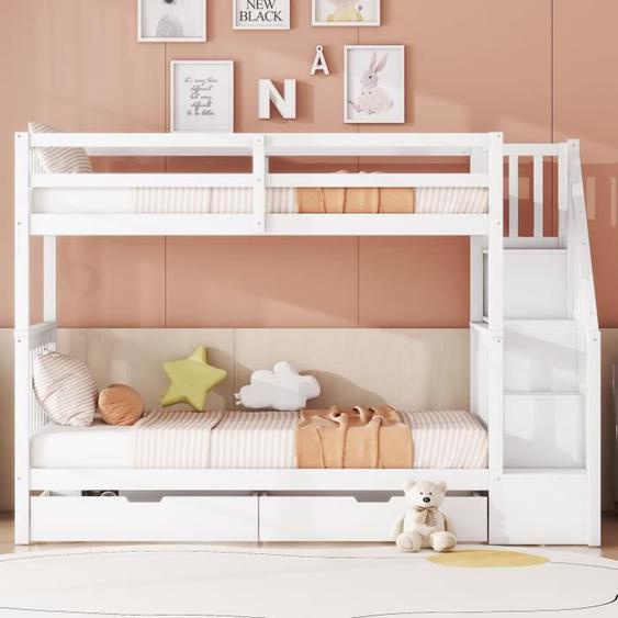 Lit superposé Lit enfant 90x200cm,avec 2 tiroirs et étagère descalier, bois de pin, garde-corps haut, sommier à lattes inclus,blanc