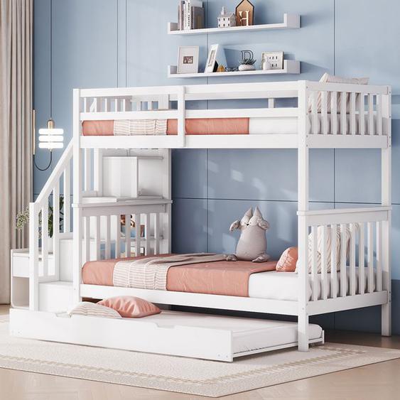 Lit superposé Lit enfant Lit 90x200 cm étagère escalier équipé dun lit gigogne blanc