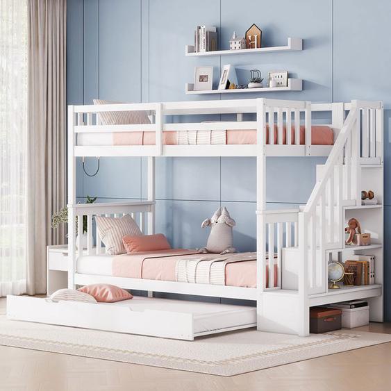 Lit superposé Lit enfant Lit 90x200 cm - étagère escalier équipé dun lit gigogne - SWEIKO - Blanc