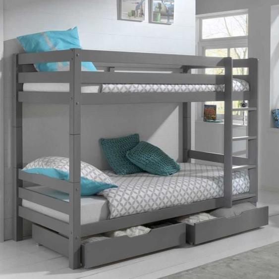 Lit Superposé & Mezzanine Enfant VIPACK Pino II 90x200cm Gris - Avec 2 Tiroirs