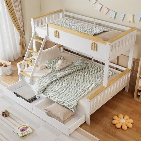 Lit superposé pour enfants sans matelas, design de sécurité avec code couleur et espace de rangement, pin + MDF, blanc + naturel