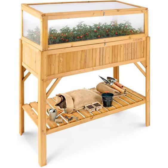 Arebos - Lit surélevé en Bois avec rehausse pour Couche précoce et casier de Rangement pour Jardin, Balcon et terrasse intérieur équipé dun Voile de