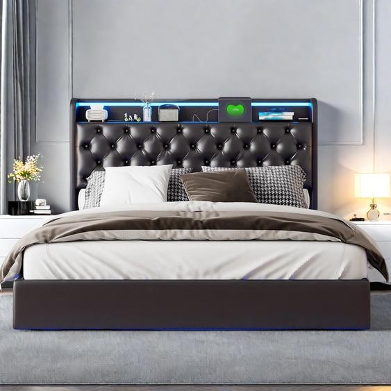 Lit suspendu Moonbite 160x200 cm – Structure noire avec éclairage LED intégré, étagère pour le panneau deà la tête de lit et espace de rangement dissimulé, revêtement en similicuir, couleur noire