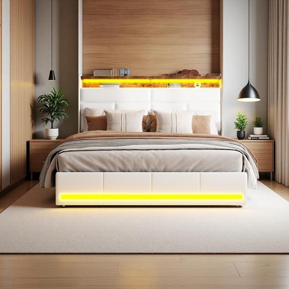 Lit tapissé blanc 160x200 cm en PU, avec LED et ports USB, sommier à ouverture hydraulique, grand espace de rangement (sans matelas)