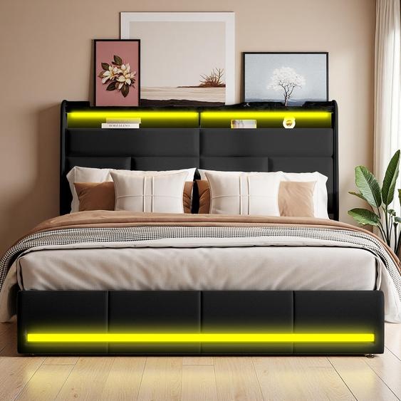 Lit tapissé noir 160x200 cm en PU, avec LED et ports USB, sommier à ouverture hydraulique, grand espace de rangement (sans matelas)
