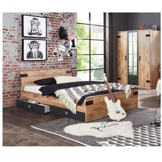 Lit tiroirs LISBURN style industriel 120 x 200 cm chêne poutre