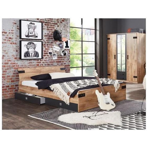 Lit tiroirs LISBURN style industriel 140 x 200 cm chêne poutre