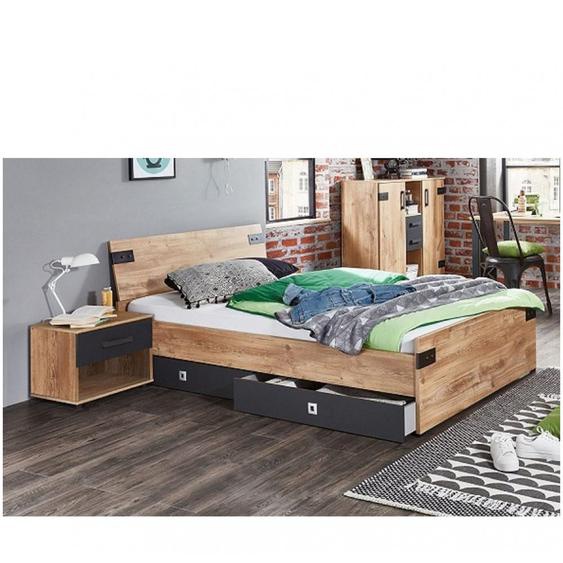 Lit tiroirs LISBURN style industriel 90 x 200 cm chêne poutre