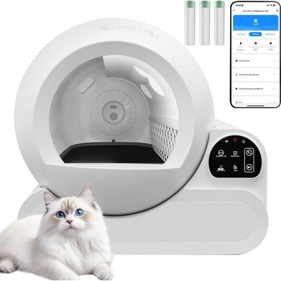 Litière chat autonettoyante capacité maximale de 70l, bac à litière pour chat alerte intelligente via contrôle app, surveillance santé,