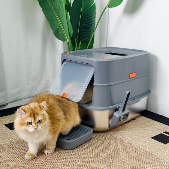 Litière pour chat en acier inoxydable 58 × 42 × 42 cm – bac à litière avec couvercle, entrée frontale et supérieure, sans odeur, pelle incluse