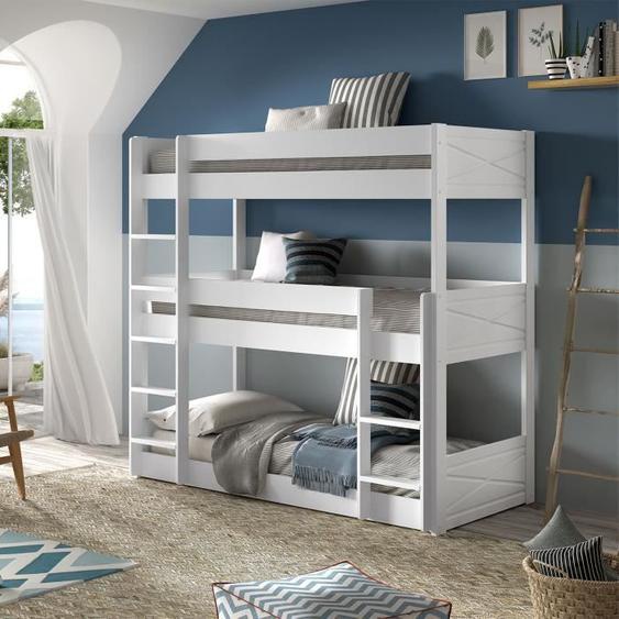 Lits superposés - Pin blanc - 90x200 cm - 3 couchages - Contemporain - Montage facile