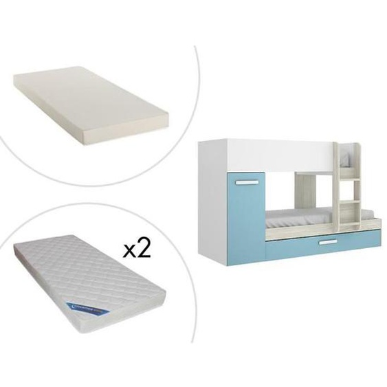 Lits Superposés ANTHONY avec rangements 3 x 90 x 190 cm - Blanc chêne et bleu + matelas