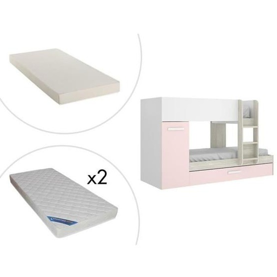 Lits Superposés ANTHONY avec rangements 3 x 90 x 190 cm - Blanc, chêne et rose + matelas