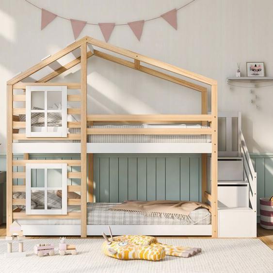 Lits superposés enfants 90 x 200 cm Lit mezzanine Lit cabane avec Sommiers à lattes Escalier Fenêtre Toit Barrières