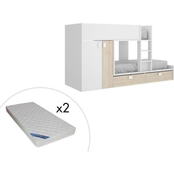 Lits Superposés JUANITO - Armoire intégrée - 2 x 90 x 190 cm - Blanc et chêne + matelas