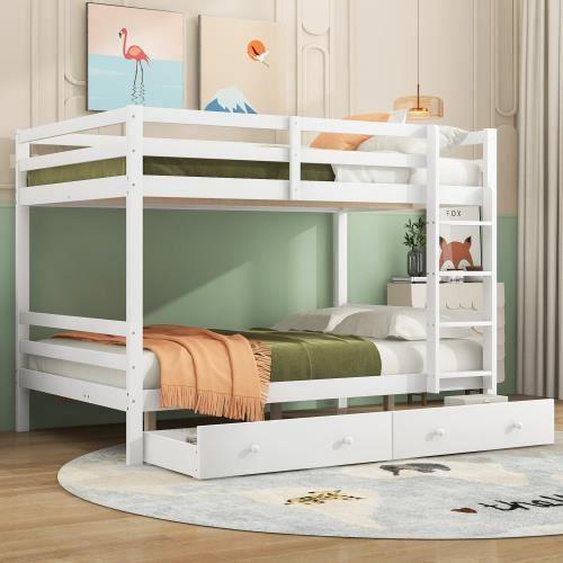 Lit Superposé 140×200cm - REDOM - Lit Enfant Avec 2 Tiroirs, Garde-corps Hauts Et Sommier - Bois Blanc (Sans Matelas)