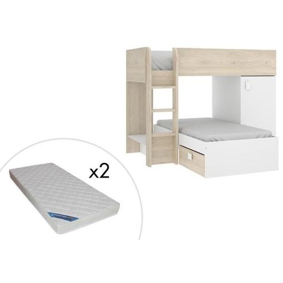 Lits superposés réversibles RICARDO - 2 x 90 x 190 cm - Rangements intégrés - Chêne et blanc + matelas