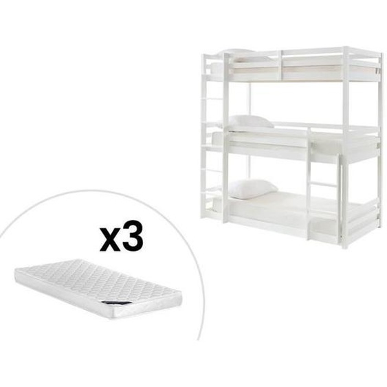 Lits superposés triple - 3 x 90 x 200 cm - Pin - Blanc + matelas - VAGAR