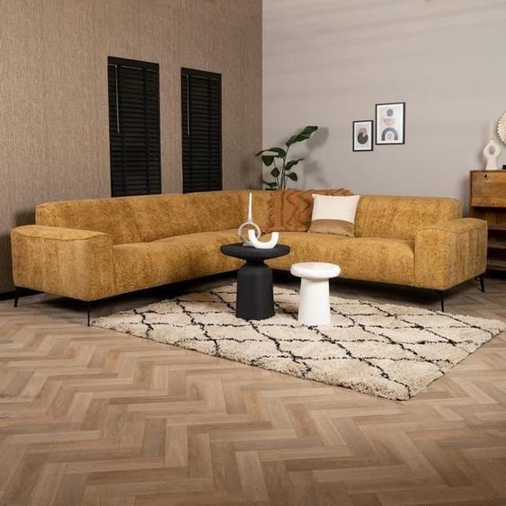Livin24  Canapé dangle Vegas jaune moutarde / cognac tissu chenille