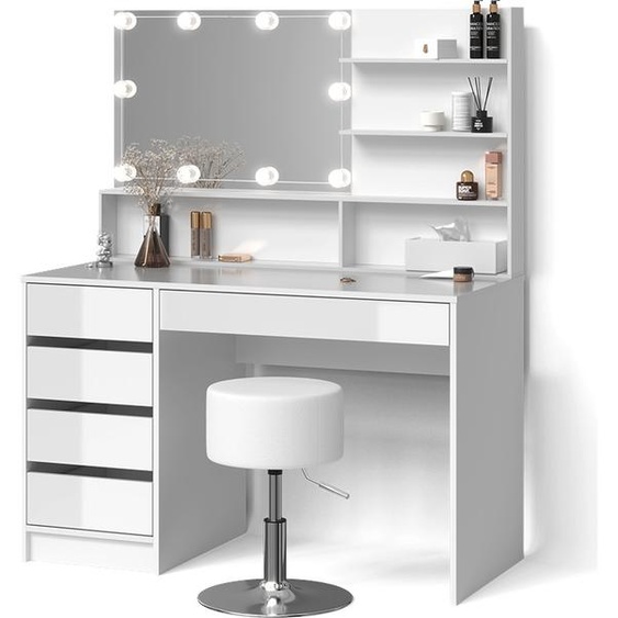 Livinity Coiffeuse Imola, avec éclairage LED, tabouret et étagère miroir, Blanc