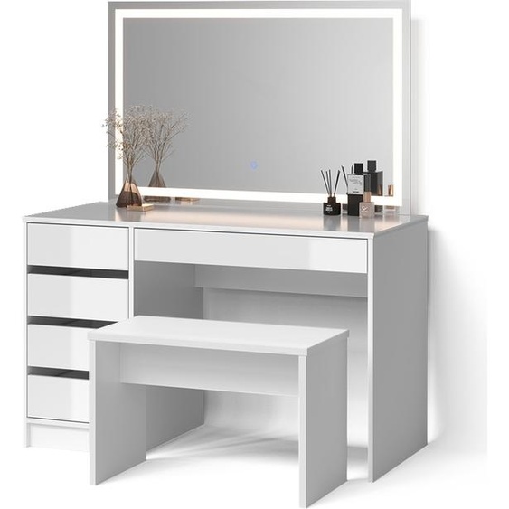 Livinity Coiffeuse Imola, avec miroir LED et banc, Blanc