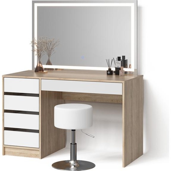 Livinity Coiffeuse Imola, avec miroir LED et tabouret, Blanc/Sonoma/Sonoma
