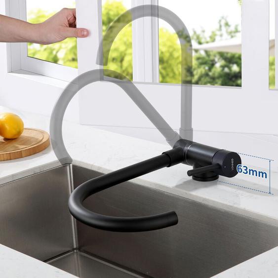 Lonheo - Mitigeur Cuisine Rabattable Noir Pivotant à 360°, Robinet de Cuisine avec Poignée Pliable Contre Fenêtre, Robinet Mitigeur Evier Acier Inox