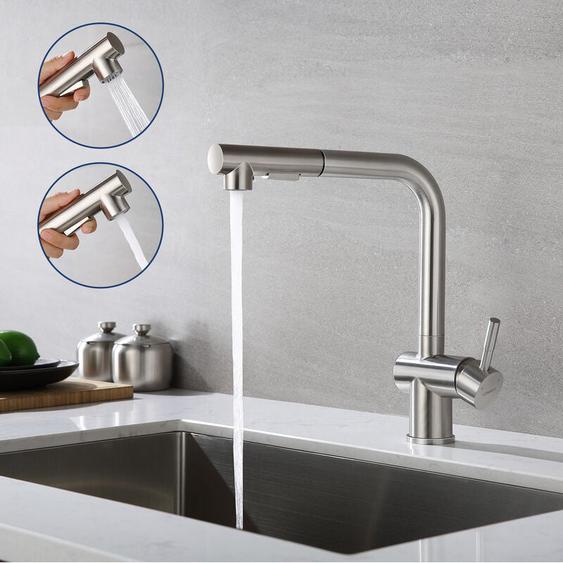 Lonheo - Robinet Cuisine avec Douchette Mitigeur Douchette dévier Extractible à Deux Jets Mitigeur Evier Bec Haut Pivotant à 360° en Acier Inox avec