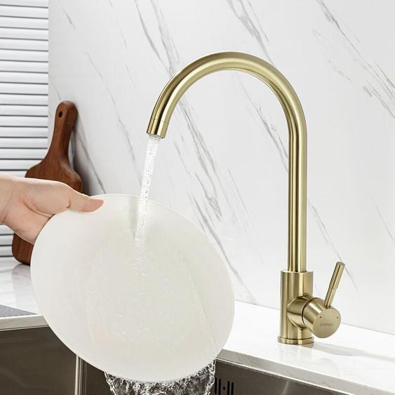 Lonheo Robinet Cuisine, Mitigeur Evier Flexible Rotatif à 360°, Mitigeur Cuisine Acier Inoxydable avec Aérateur Démontable, Doré Brossé