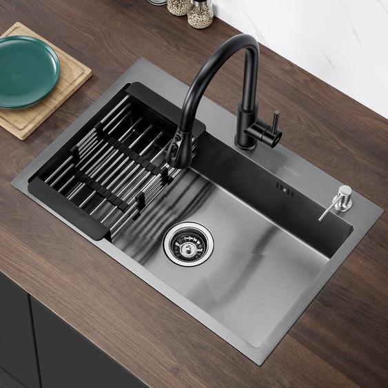 Lonheo Évier Cuisine 1 Bac 68x45x19CM Évier à Encastrer en Acier Inox 201 avec Distributeur de savon et Égouttoir panier, Noir