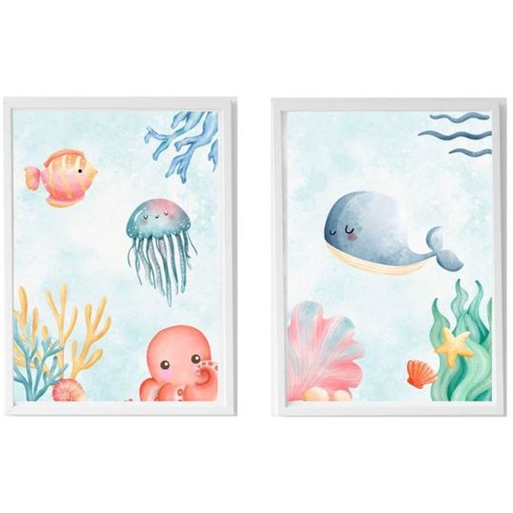 Lot 2 Cadres Muraux Enfant Baleine Et Océan Multi Coloured