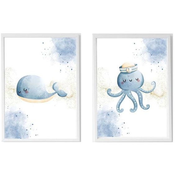 Lot 2 Cadres Muraux Enfant Baleine Et Poulpe Multi Coloured
