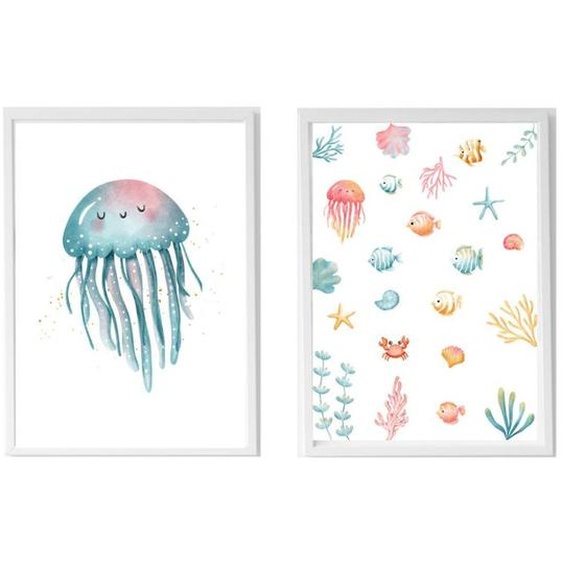 Lot 2 Cadres Muraux Enfant Méduse Et Animaux Marins Multi Coloured
